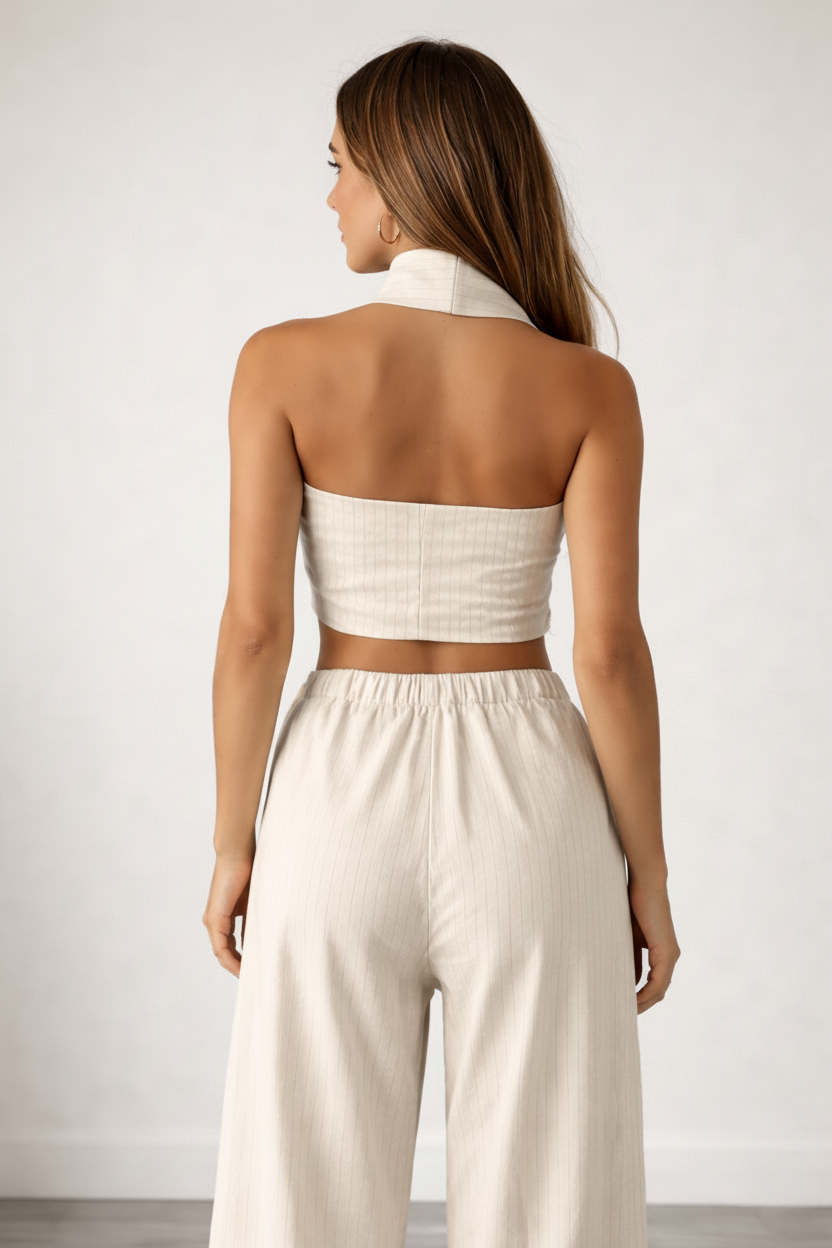 Woman wearing a white strapless top and wide-leg pants against a plain background