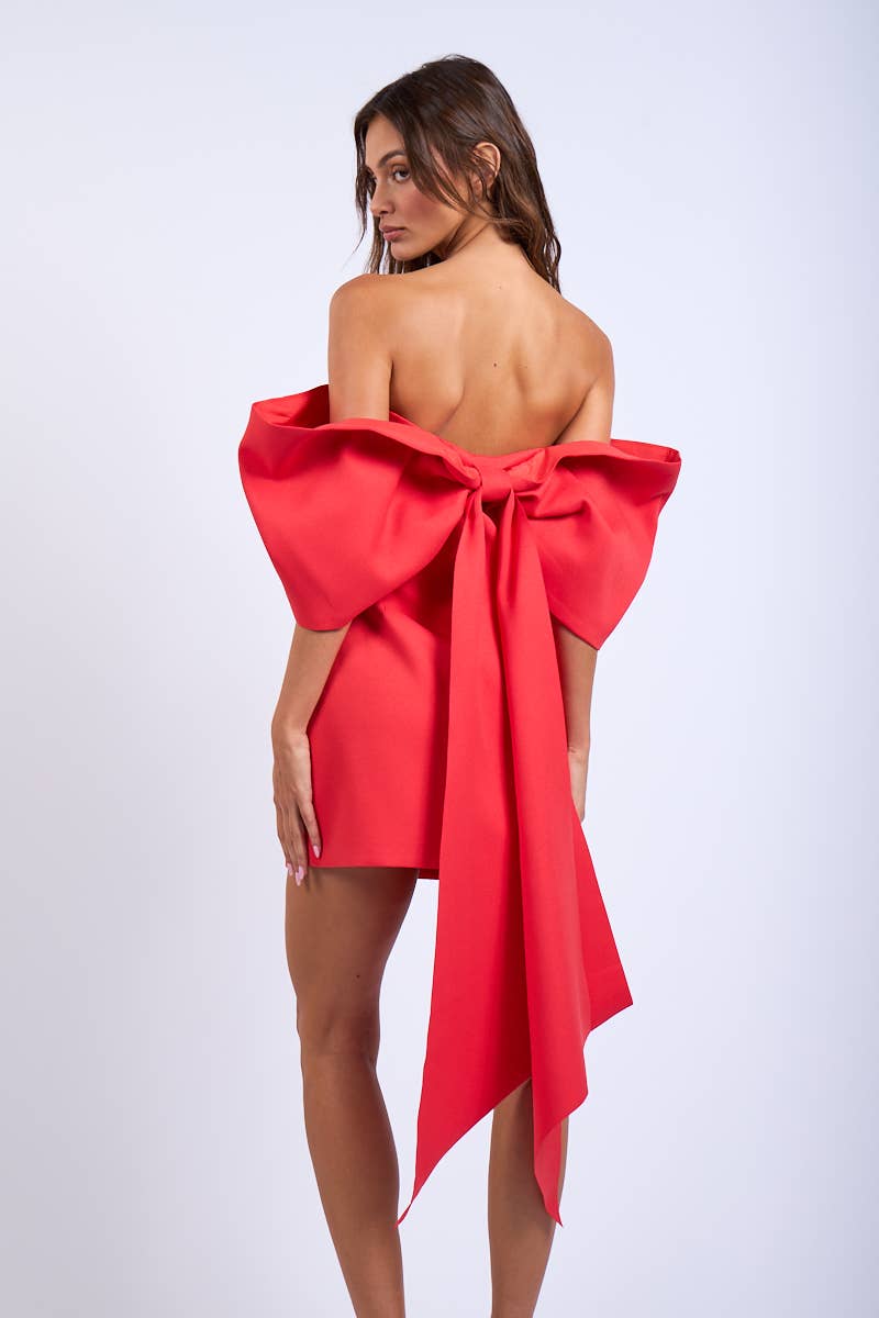 OFF-SHOULDER BACK CHARMING RIBBON POINT MINI DRESS