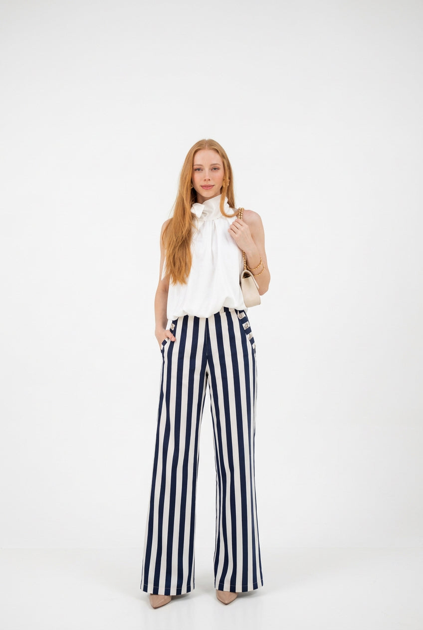 Women's Wide-Leg Cotton Denim Pants with Decorative Straps