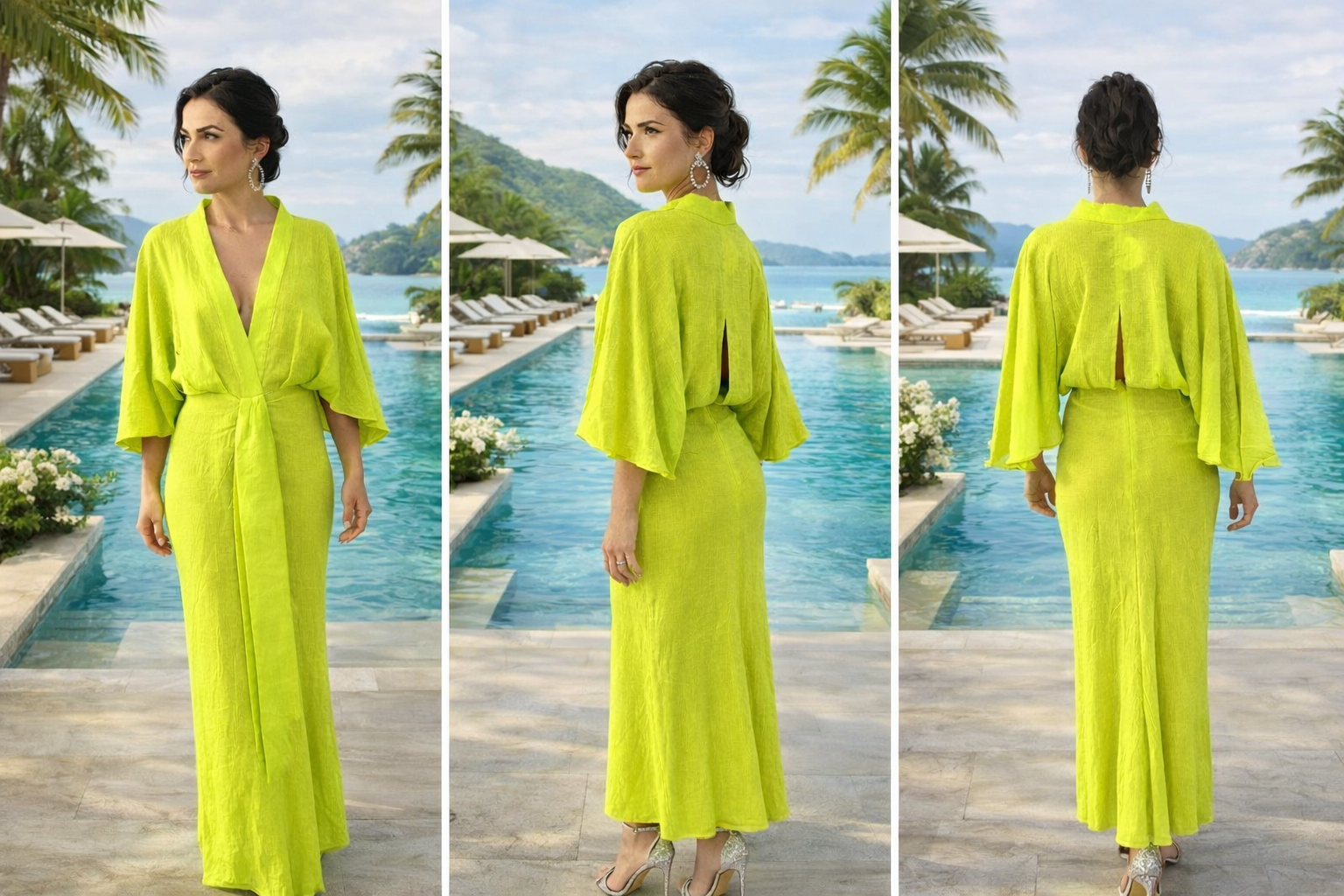Woman in a bright yellow outfit standing by a pool with palm trees in the background
