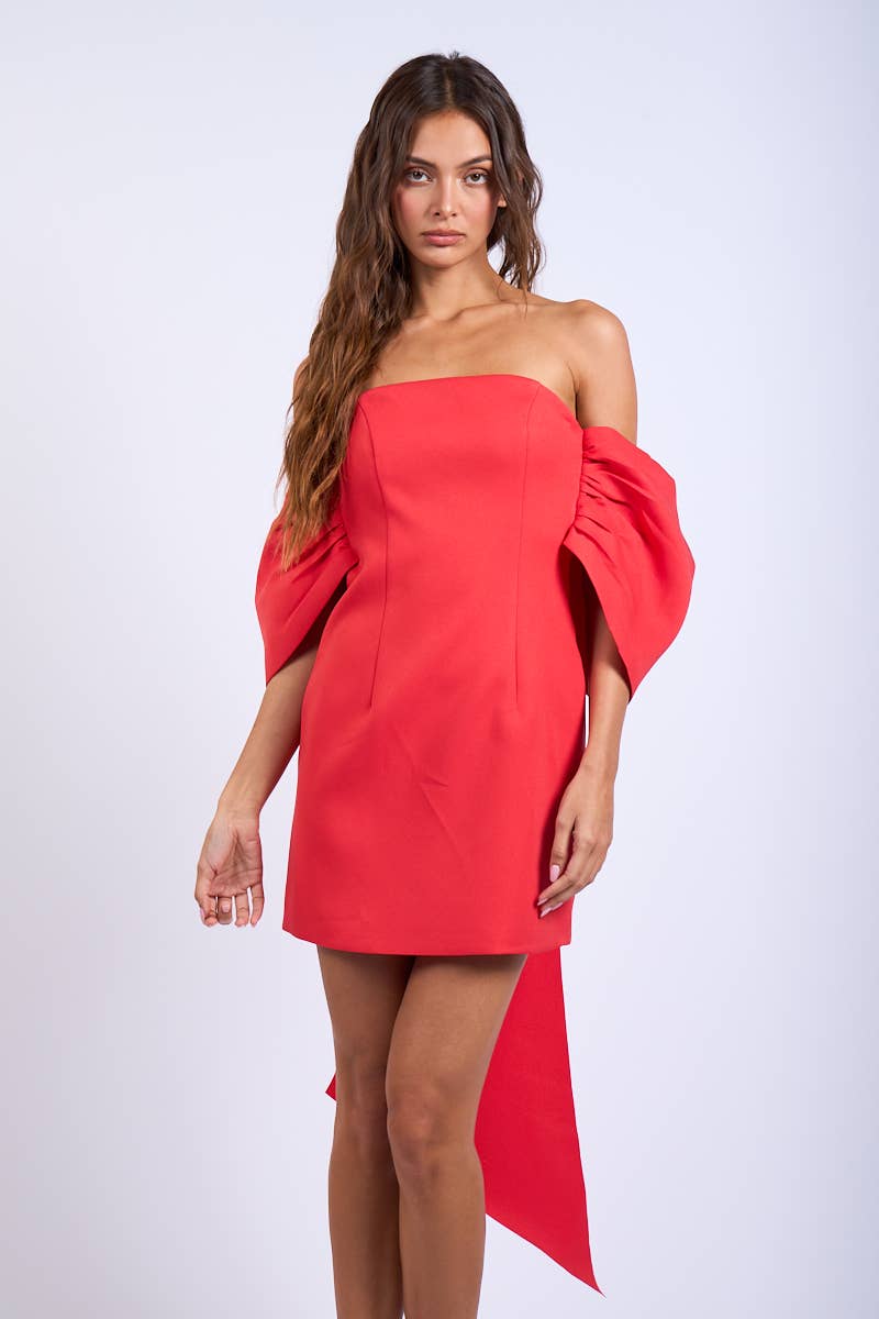 OFF-SHOULDER BACK CHARMING RIBBON POINT MINI DRESS