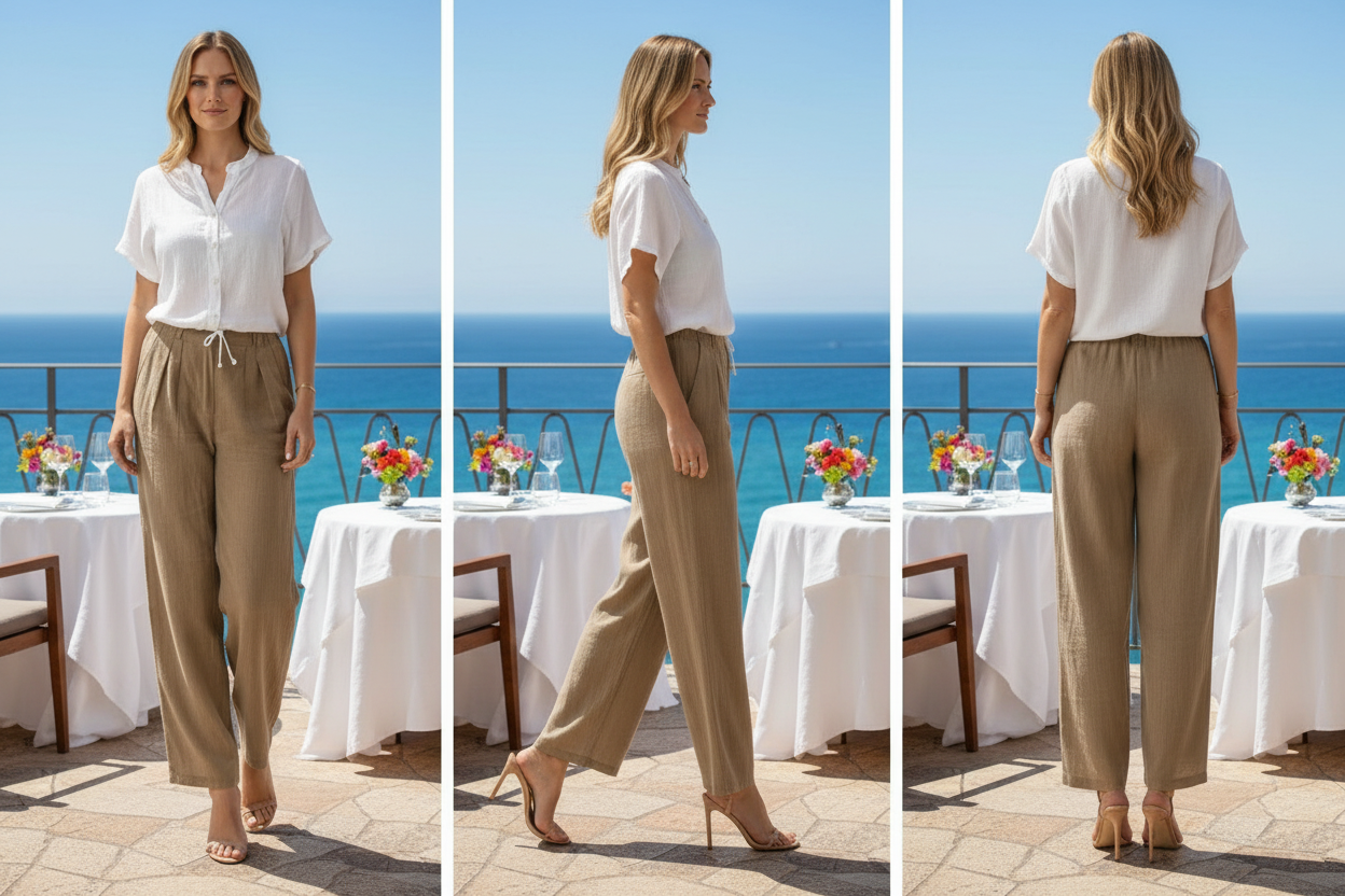 Woman in a white shirt and beige pants standing by a table with flowers and a view of the ocean.