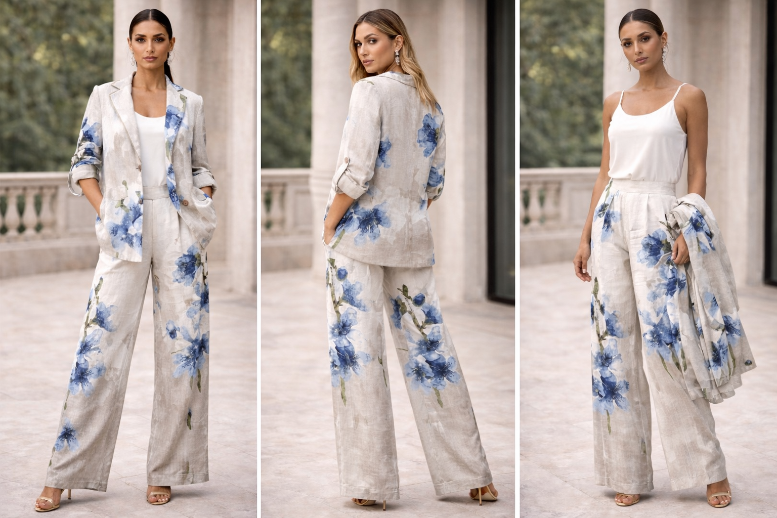 Woman wearing a floral outfit in three different poses outdoors.