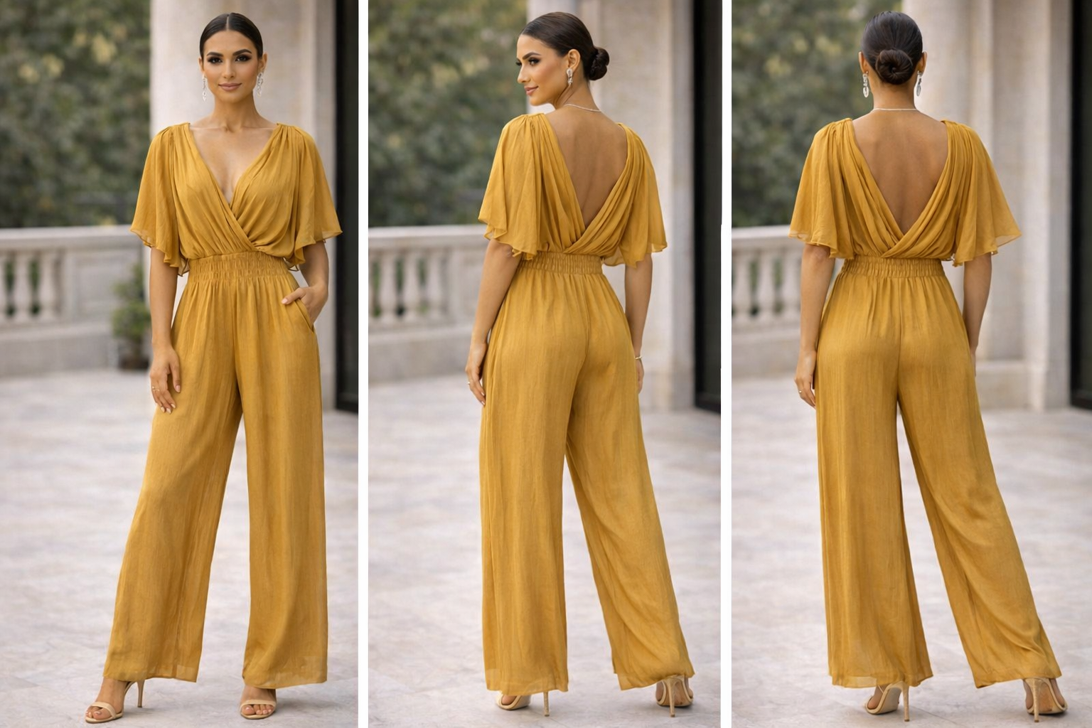 Woman wearing a mustard yellow jumpsuit from front, side, and back views.