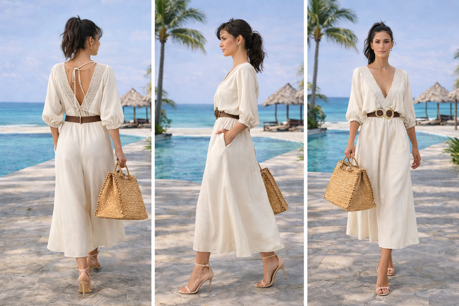 Woman in a white dress with a belt, holding a straw bag, by a pool with palm trees and ocean view.