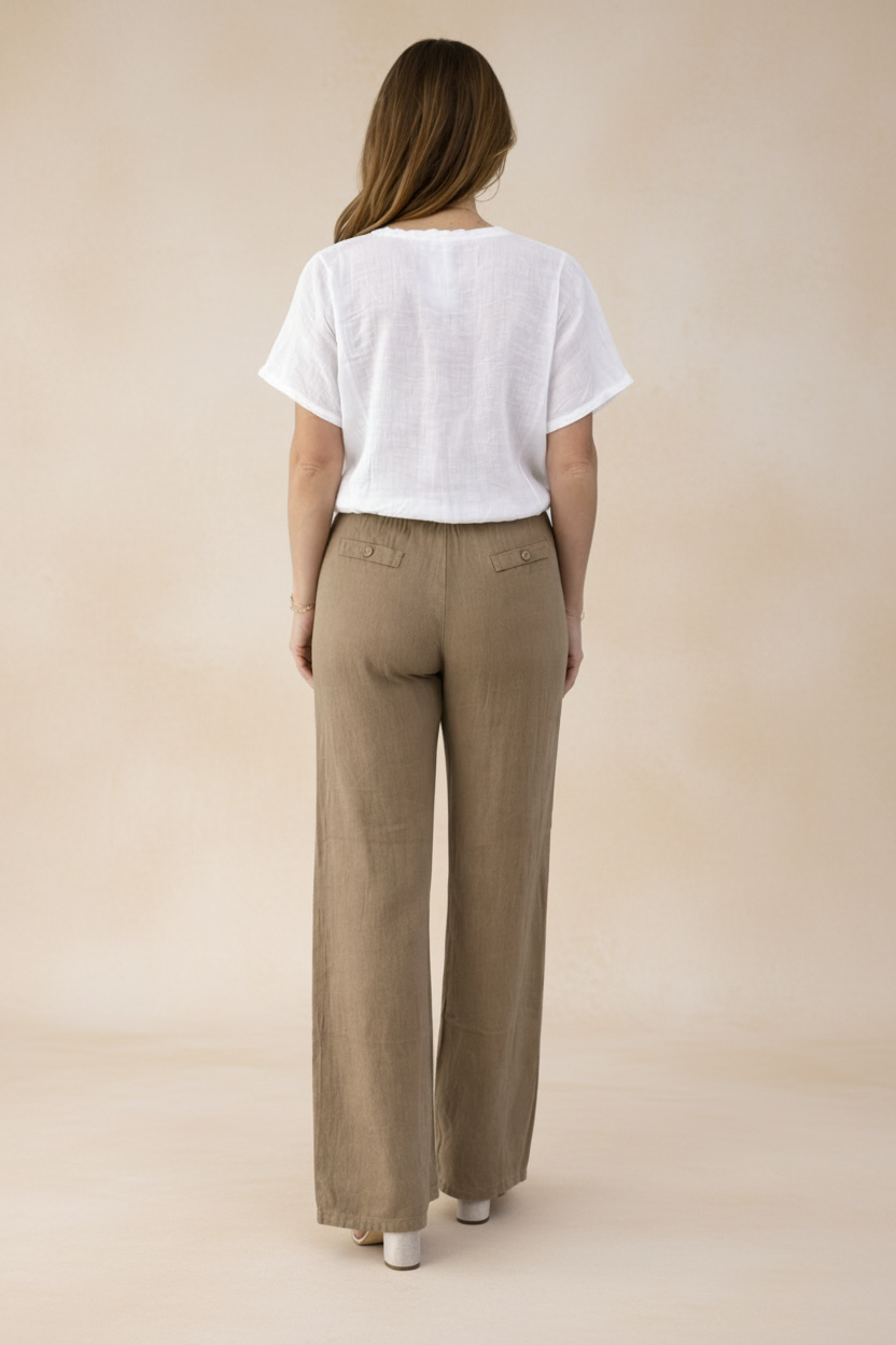 Elegant Italian design linen white top and brown pants set