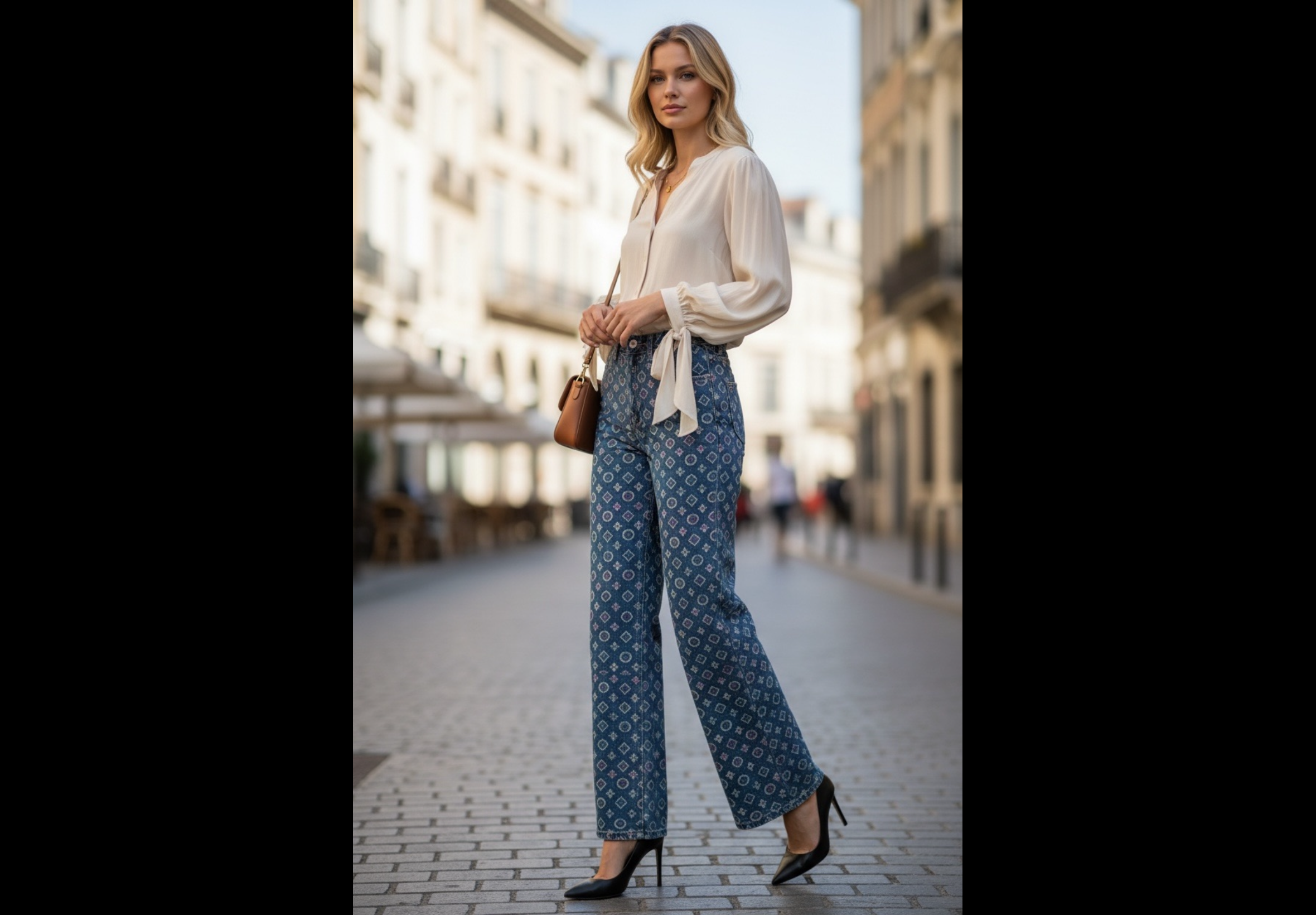 Woman in a white blouse and blue patterned pants standing on a city street.