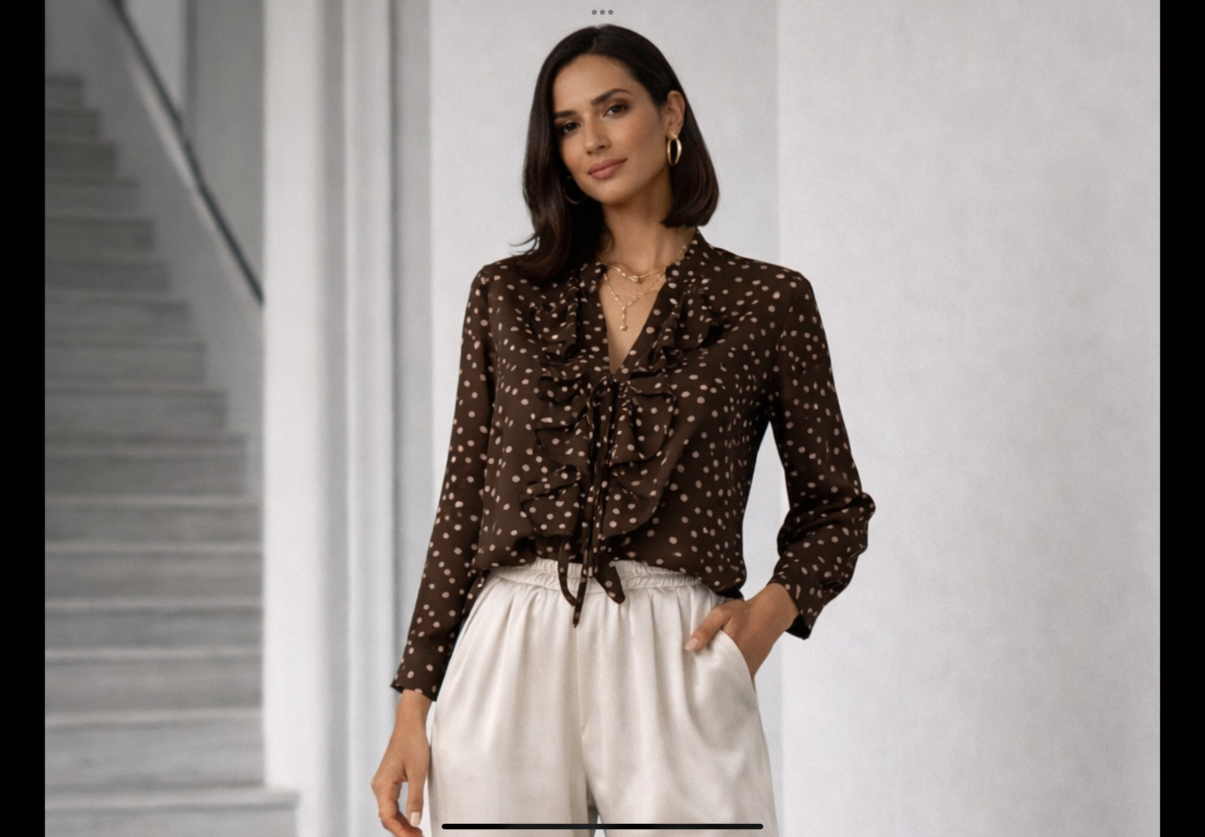 Luxury Italian collection long sleeve polka dot ruffle flattering fit soft blouse