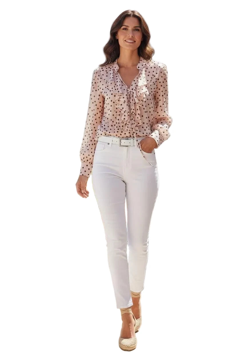 Italian Collection Long Sleeve Polka Dot Ruffle Blouse