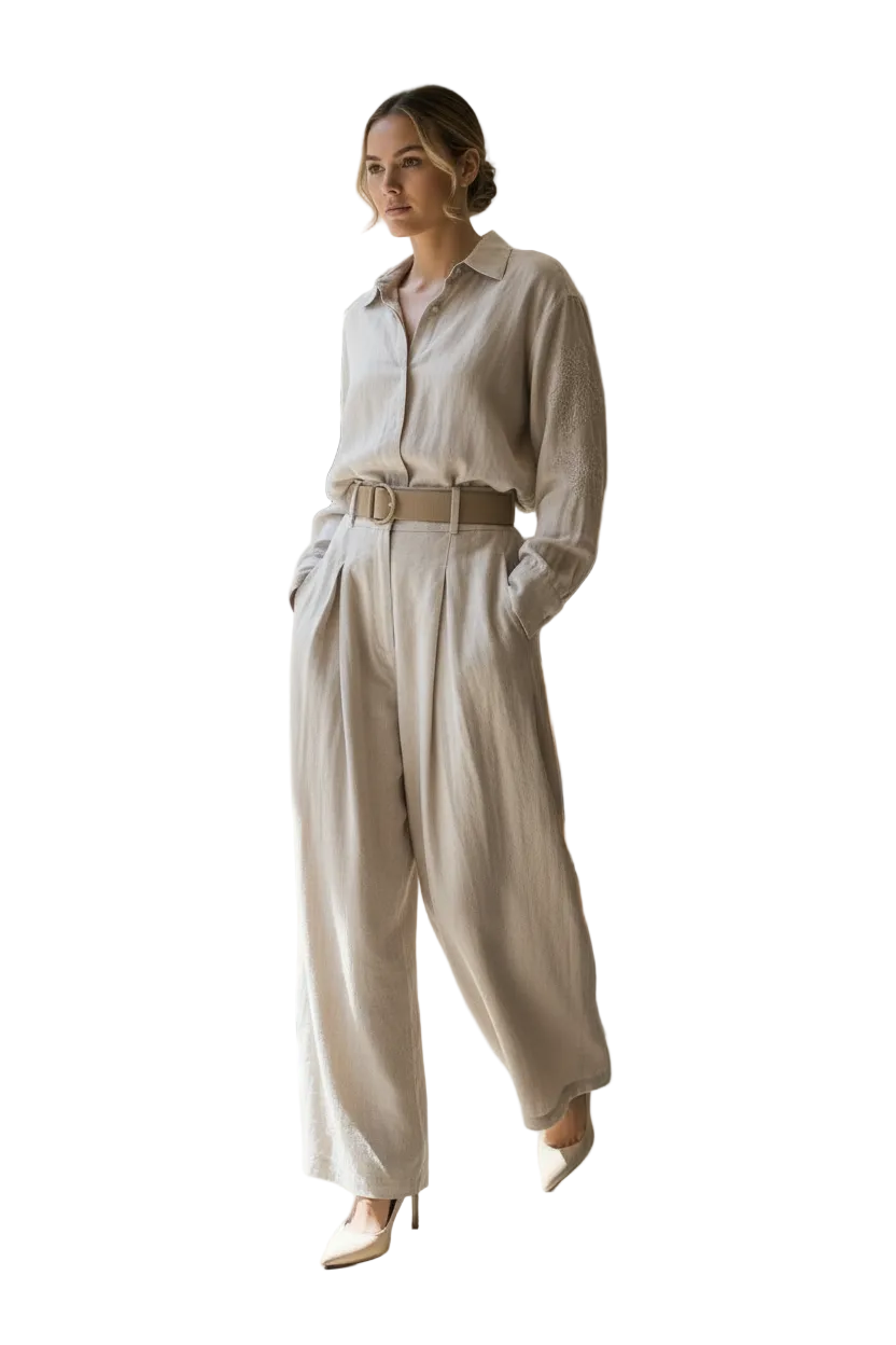 Woman in a beige outfit standing in a modern cafe.
