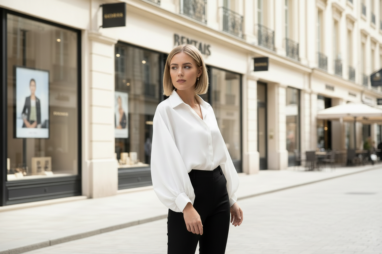 Person wearing a white shirt and black pants standing city street