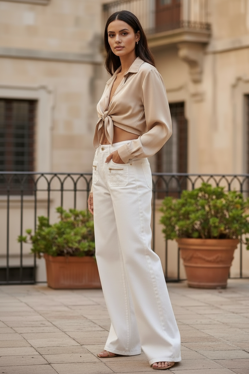 beautifully designed white jeans with belt