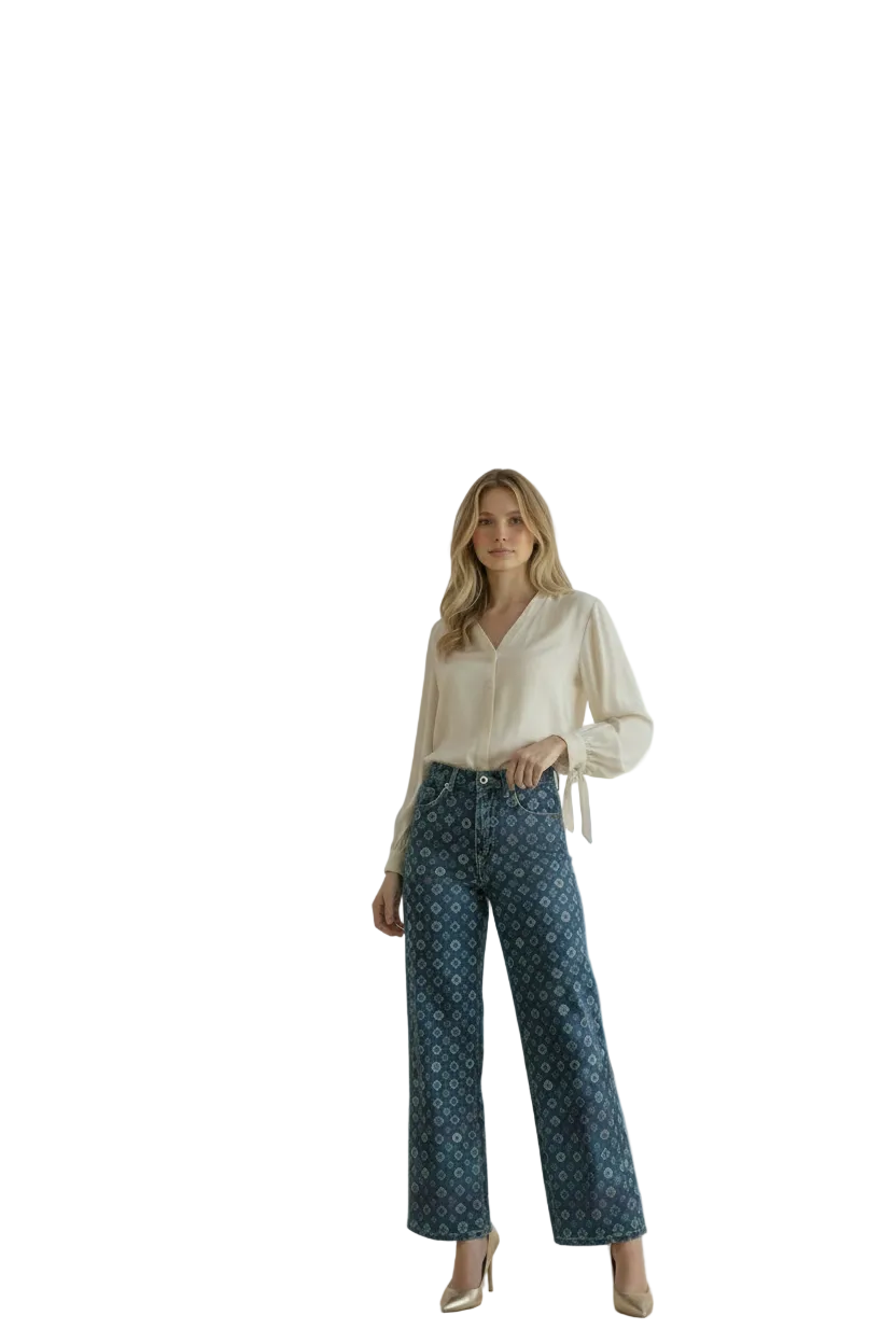 Woman wearing a white blouse and blue patterned pants in a modern living room.