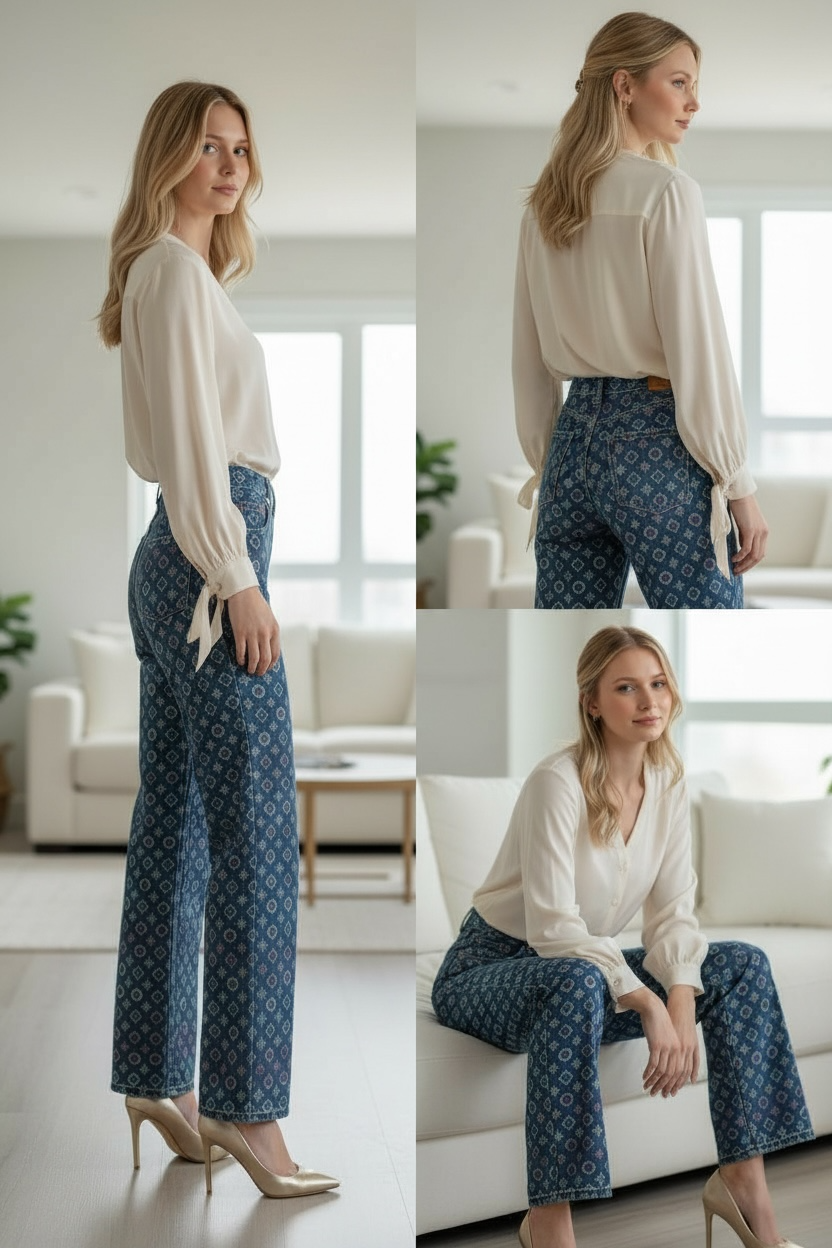 Design printed luxurious wide-leg slim waist jeans
