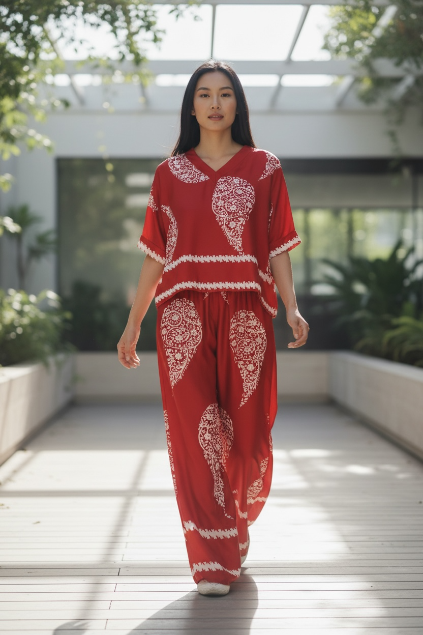 Woman wearing a red outfit with white patterns in an outdoor setting