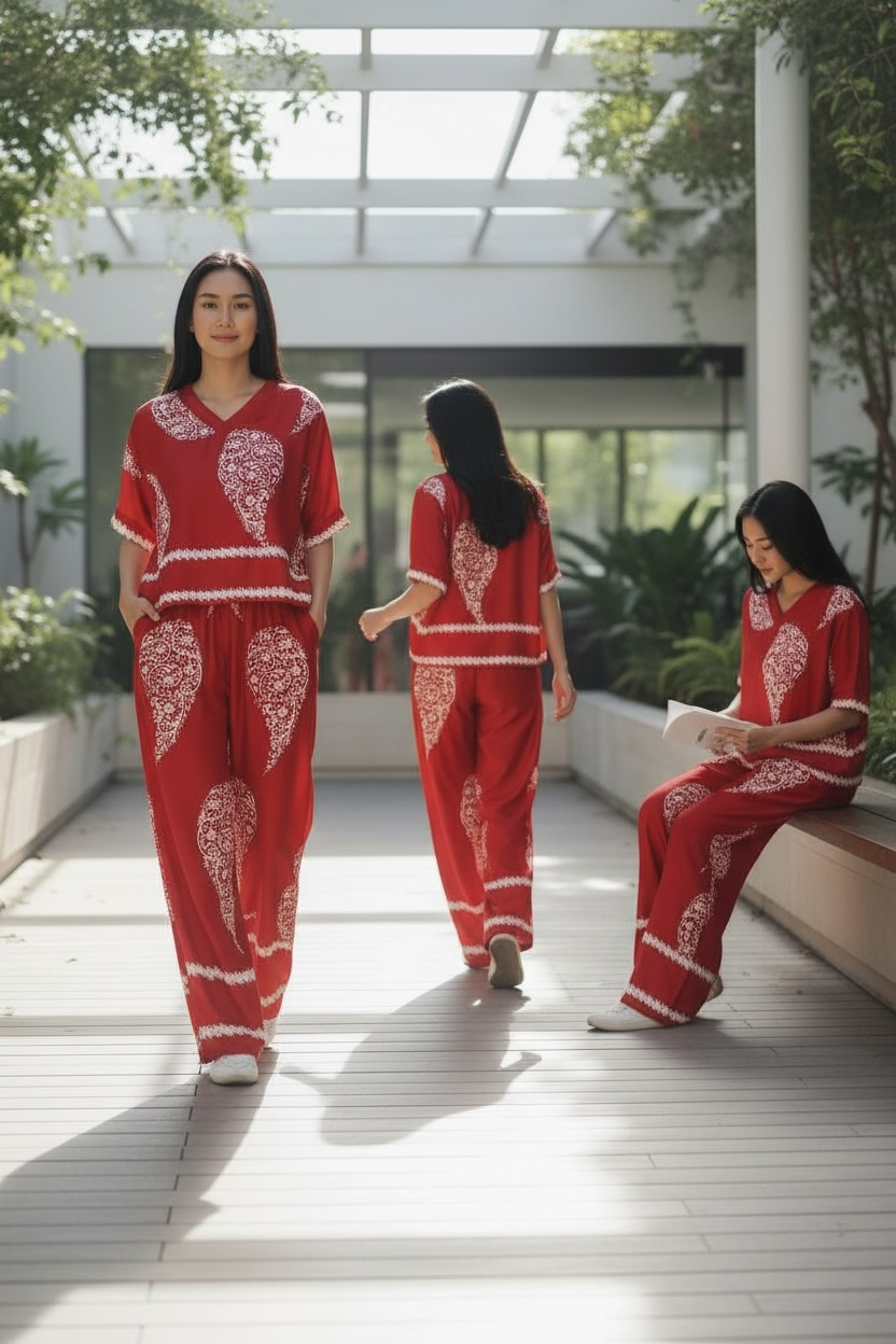 Three women in red outfits with white patterns standing in a modern indoor setting.