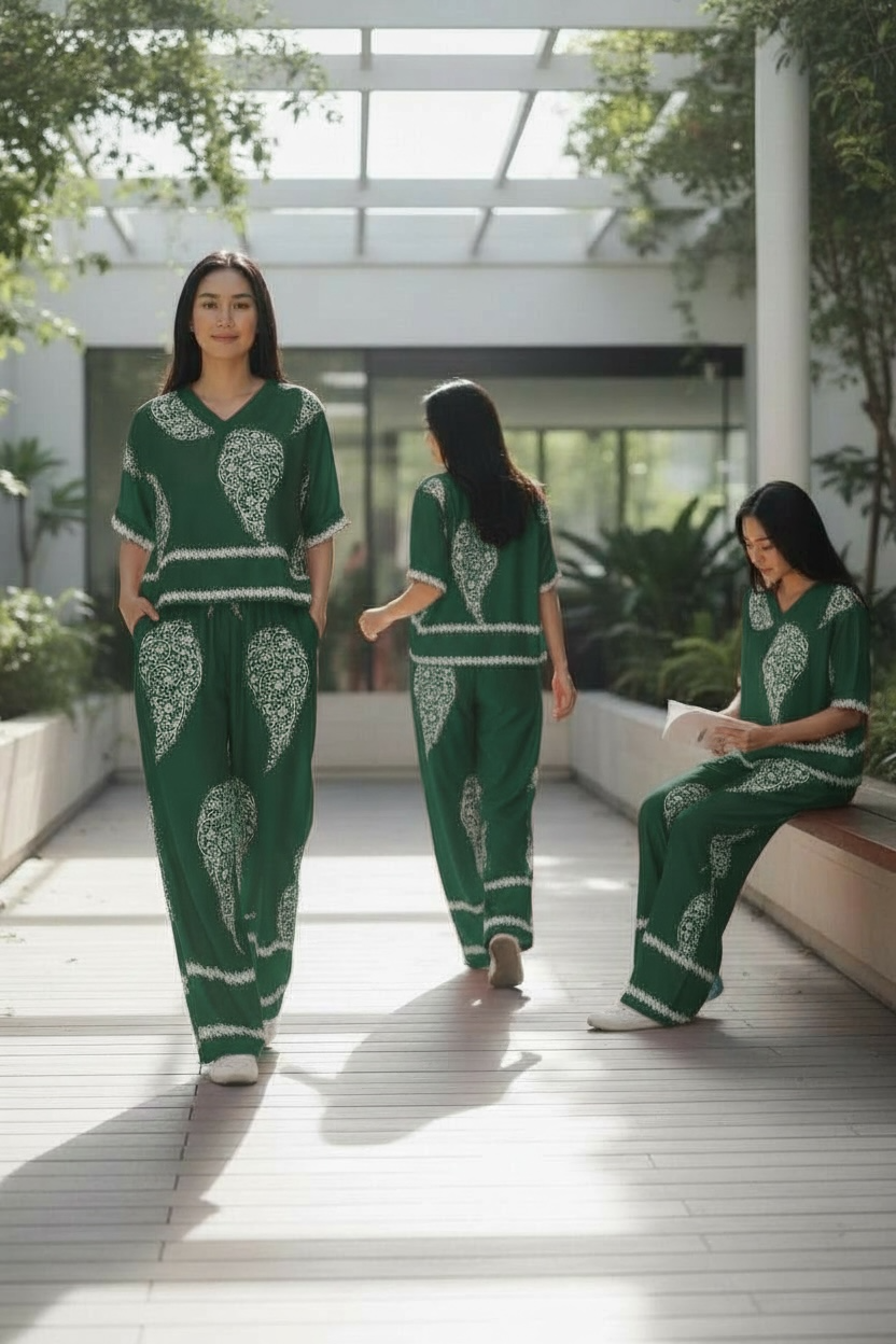 Woman in a green outfit with white patterns standing in a modern indoor setting.