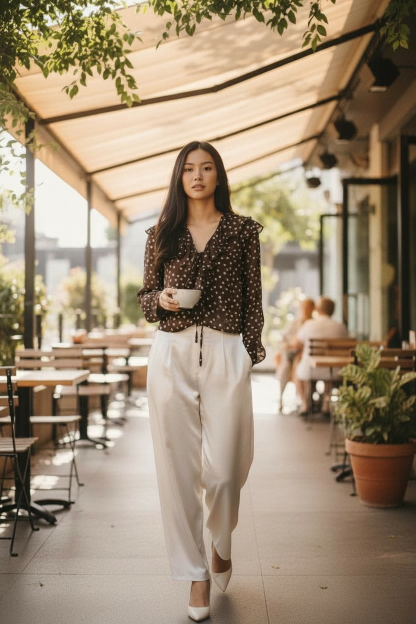 Luxury Italian collection long sleeve polka dot ruffle flattering fit soft blouse