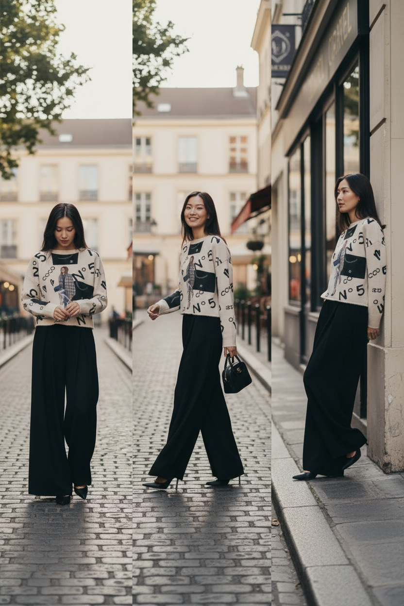 Woman walking on a street wearing a patterned top and black pants.
