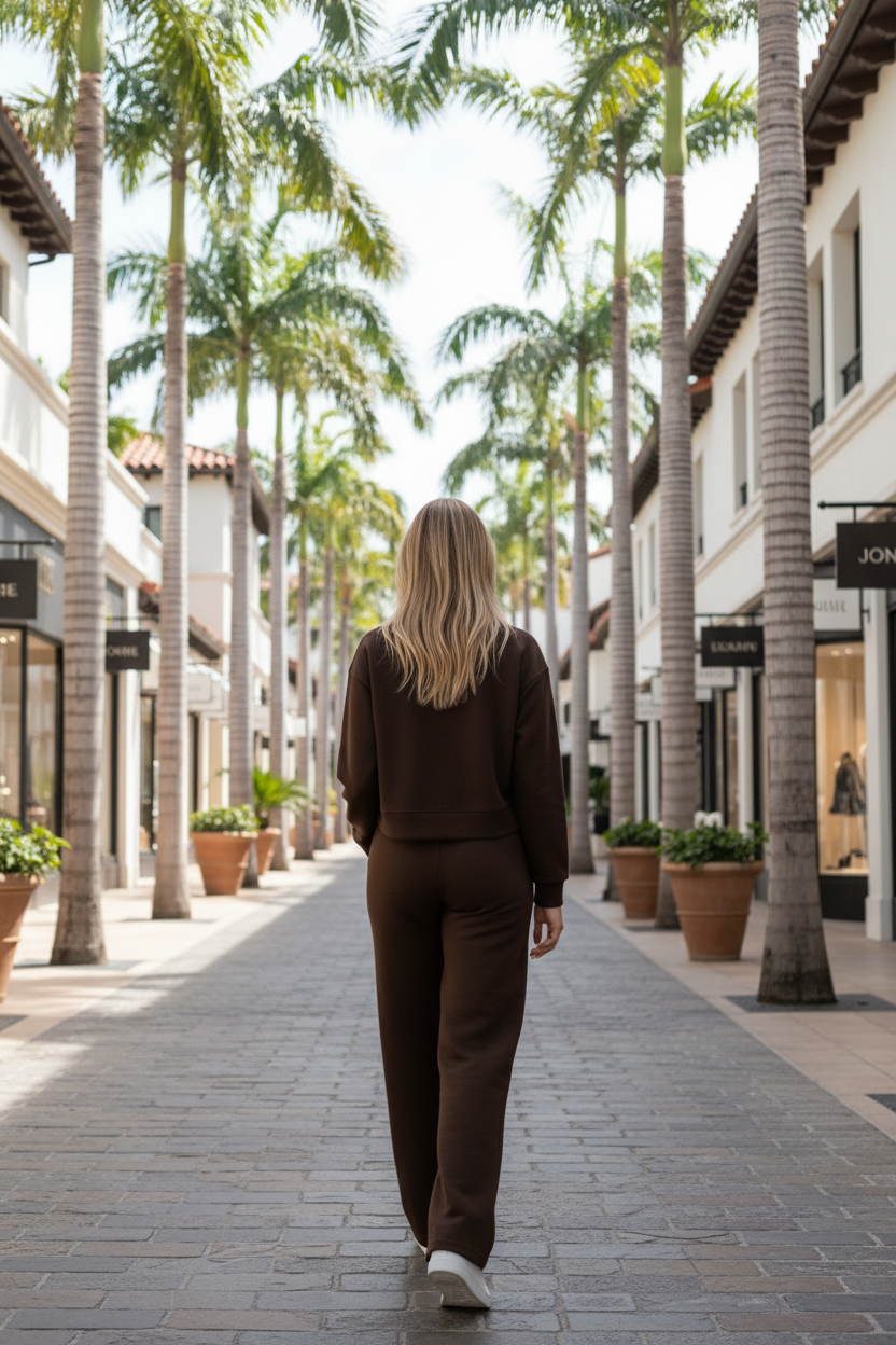 Woman wearing a brown Miu Miu tracksuit in a modern living room.