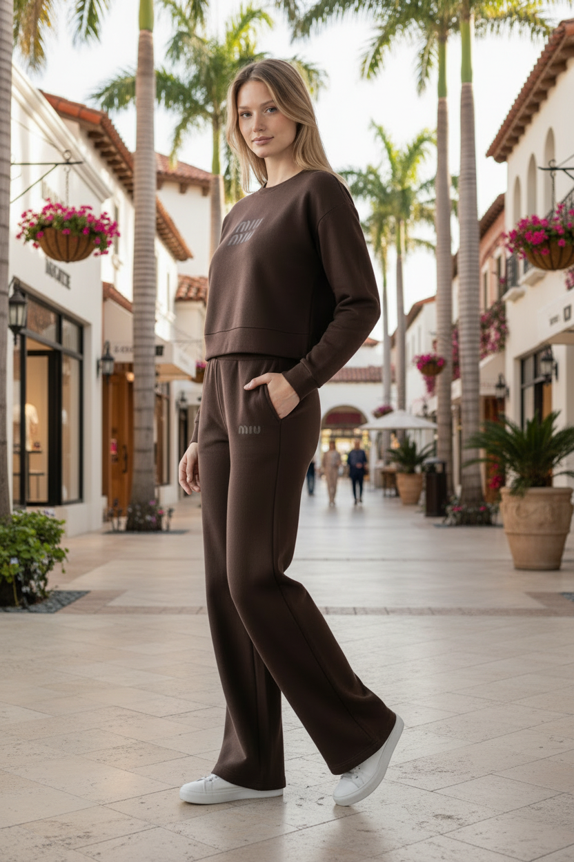 Woman in brown outfit standing on a palm tree-lined street with shops.
