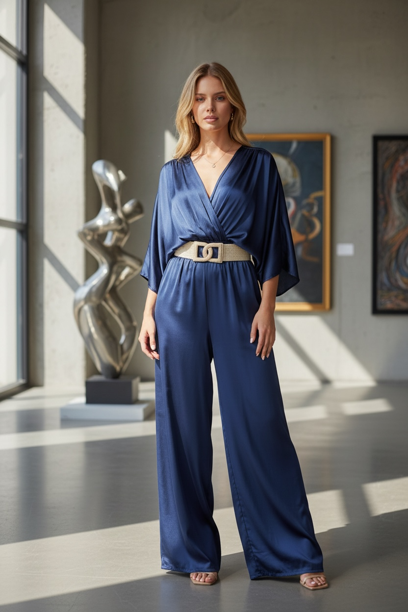Woman in a blue jumpsuit standing in an art gallery with sculptures and paintings.
