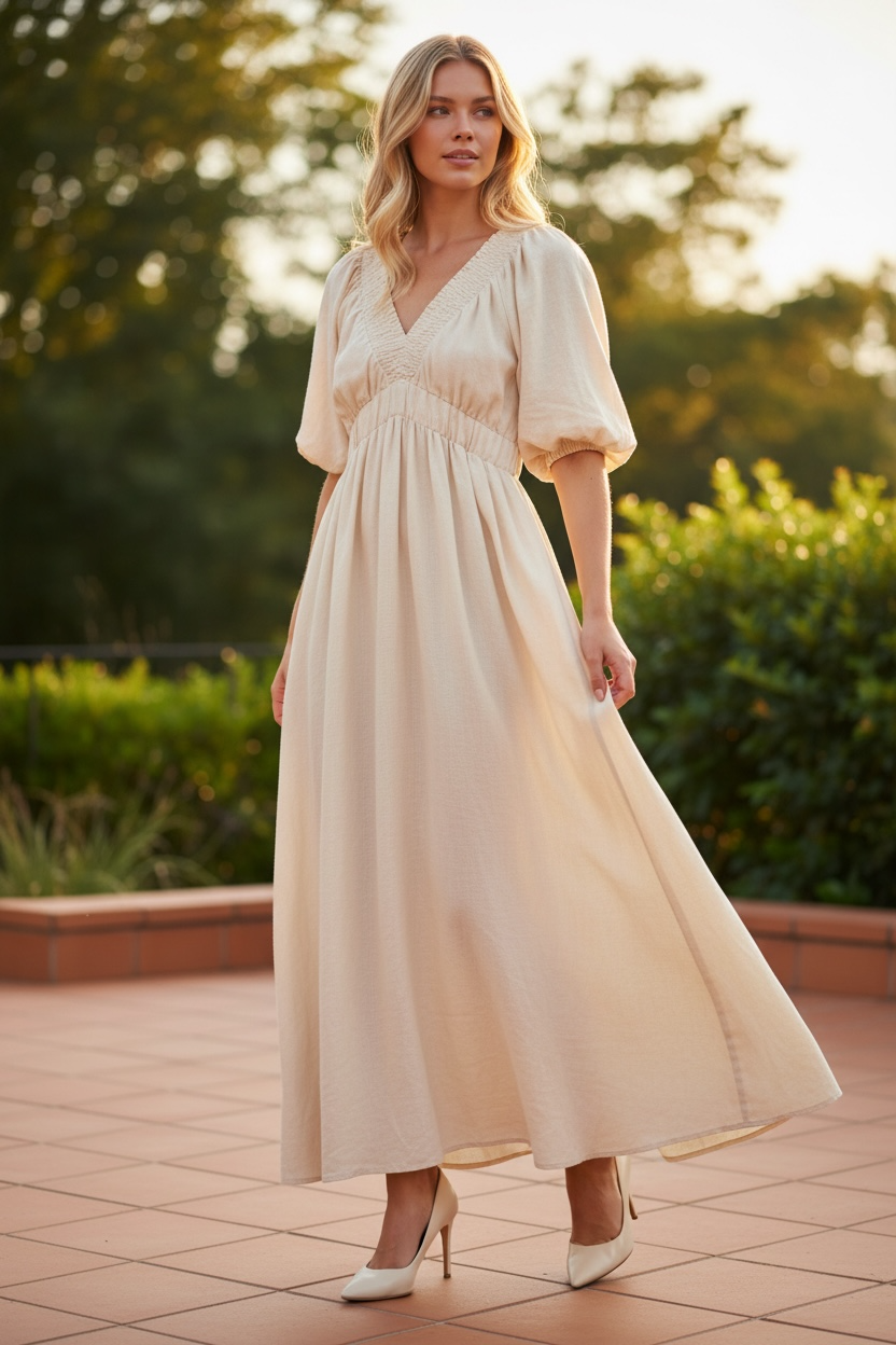 Woman wearing a beige dress standing outdoors with greenery in the background