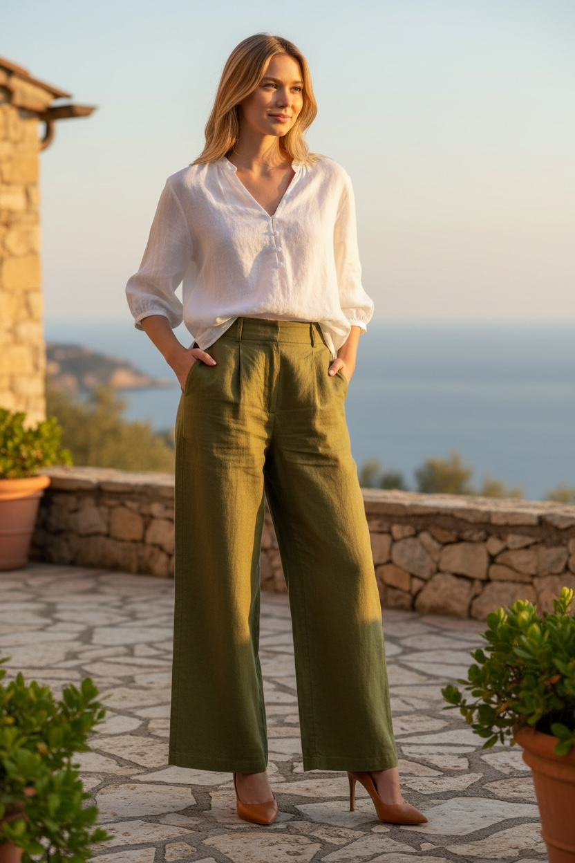 Italian collection linen short sleeve white top and green pants set