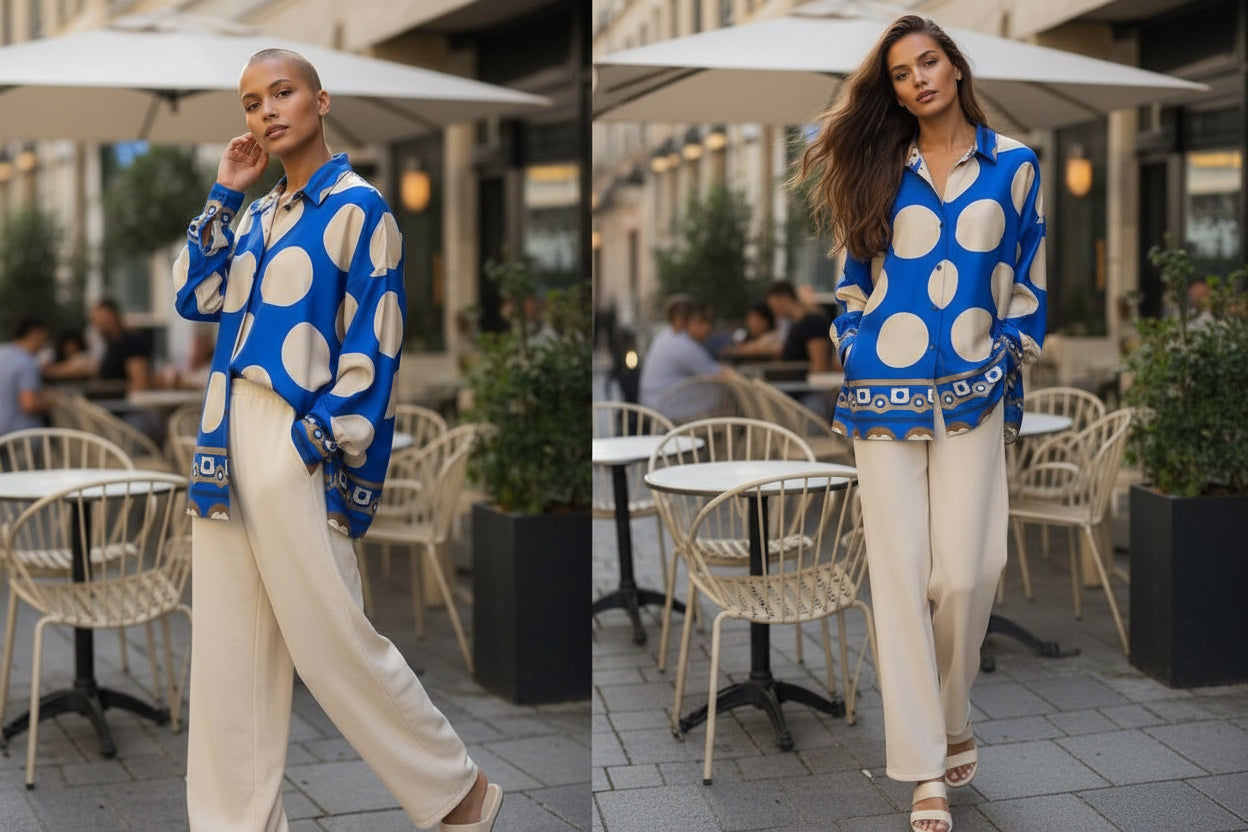 Woman wearing a blue and white patterned jacket in various settings.