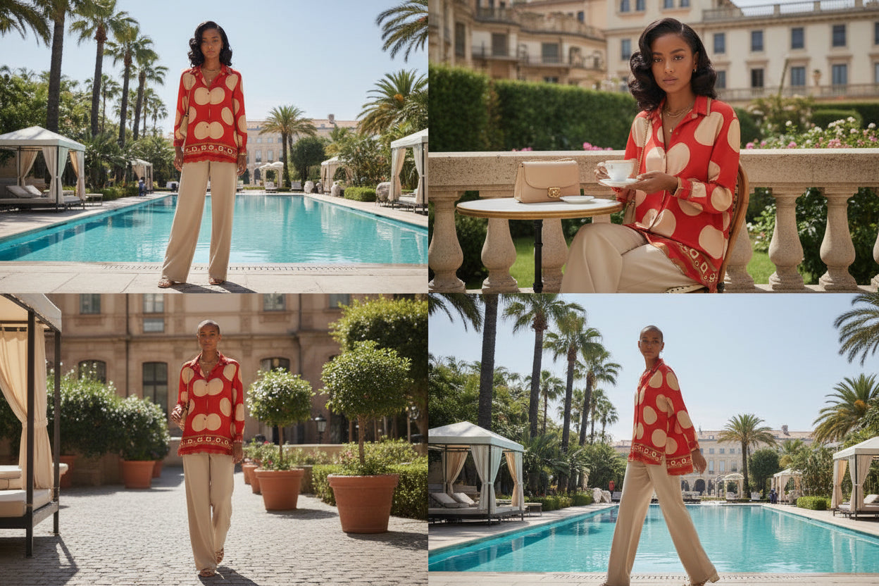 Woman wearing a red patterned shirt and beige pants in various outdoor settings.