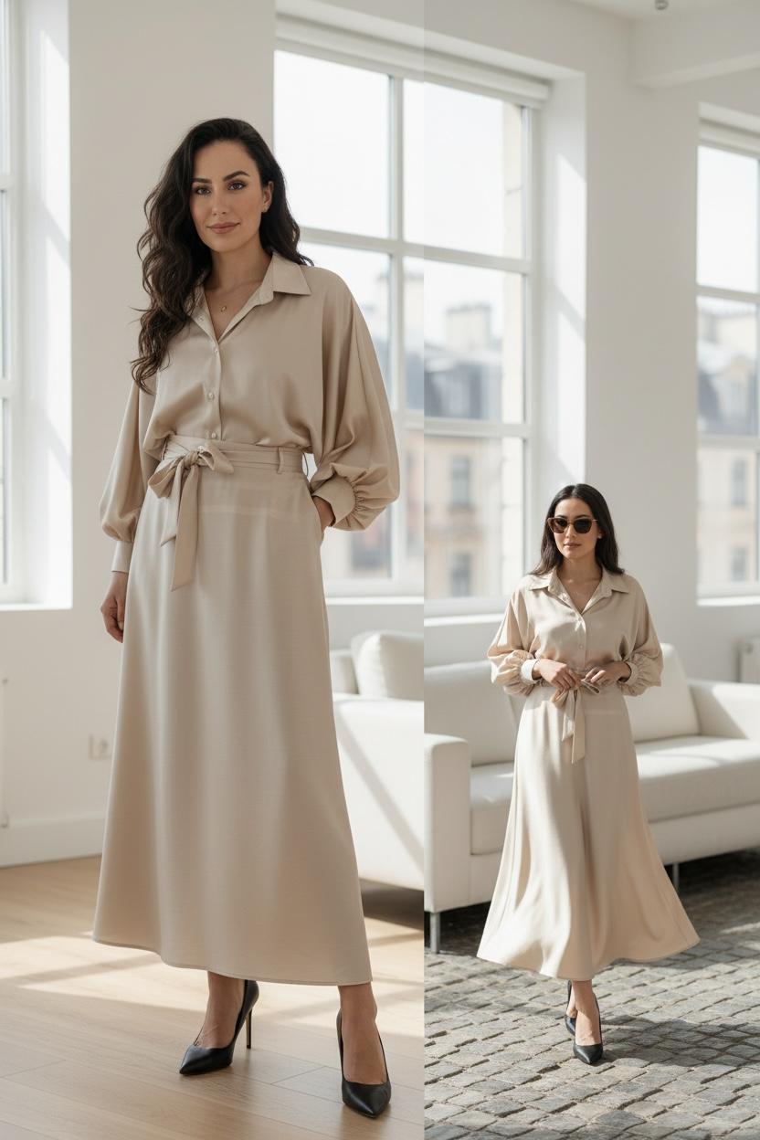 Italian collection very elegant satin skirt and blouse set