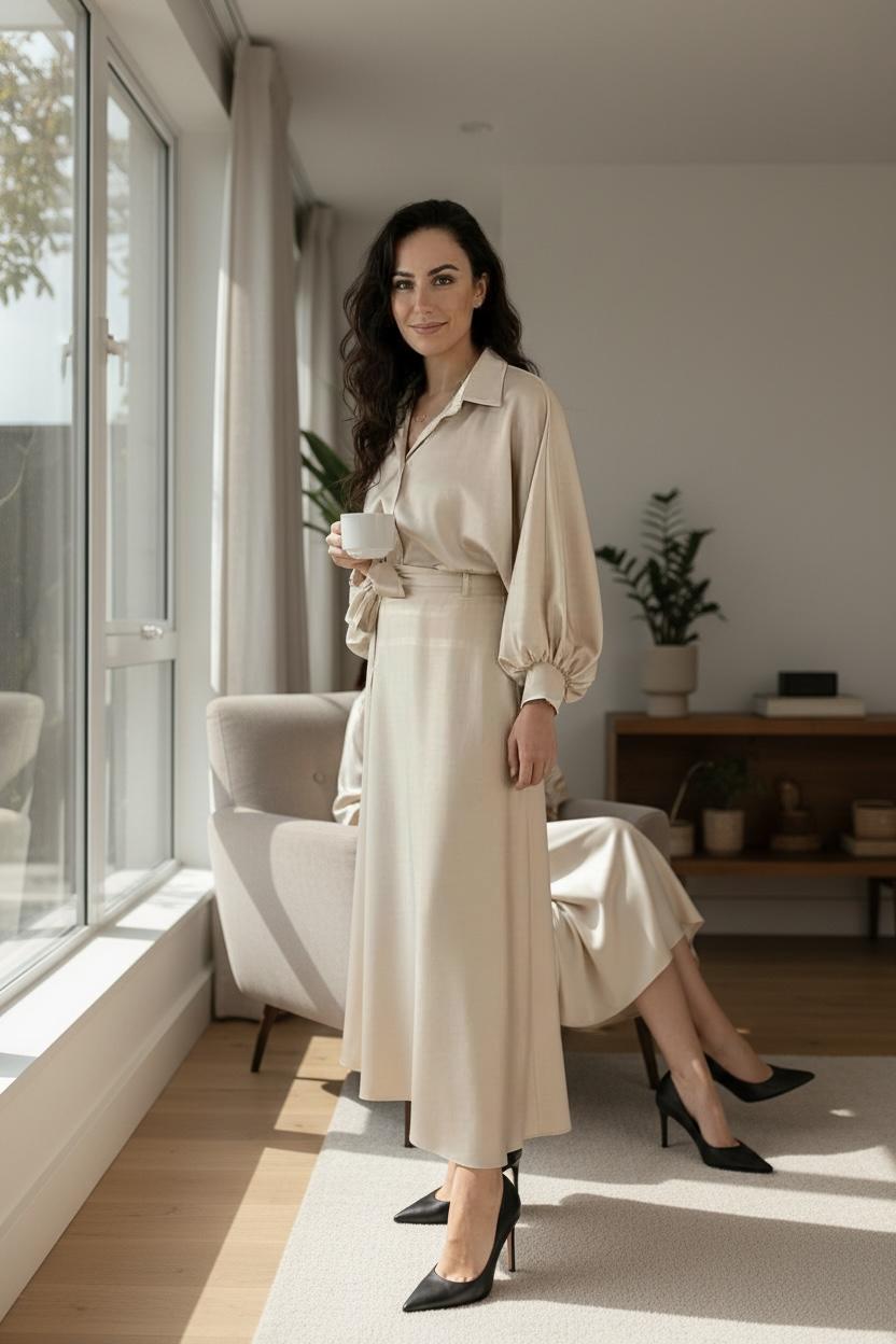 Italian collection very elegant satin skirt and blouse set