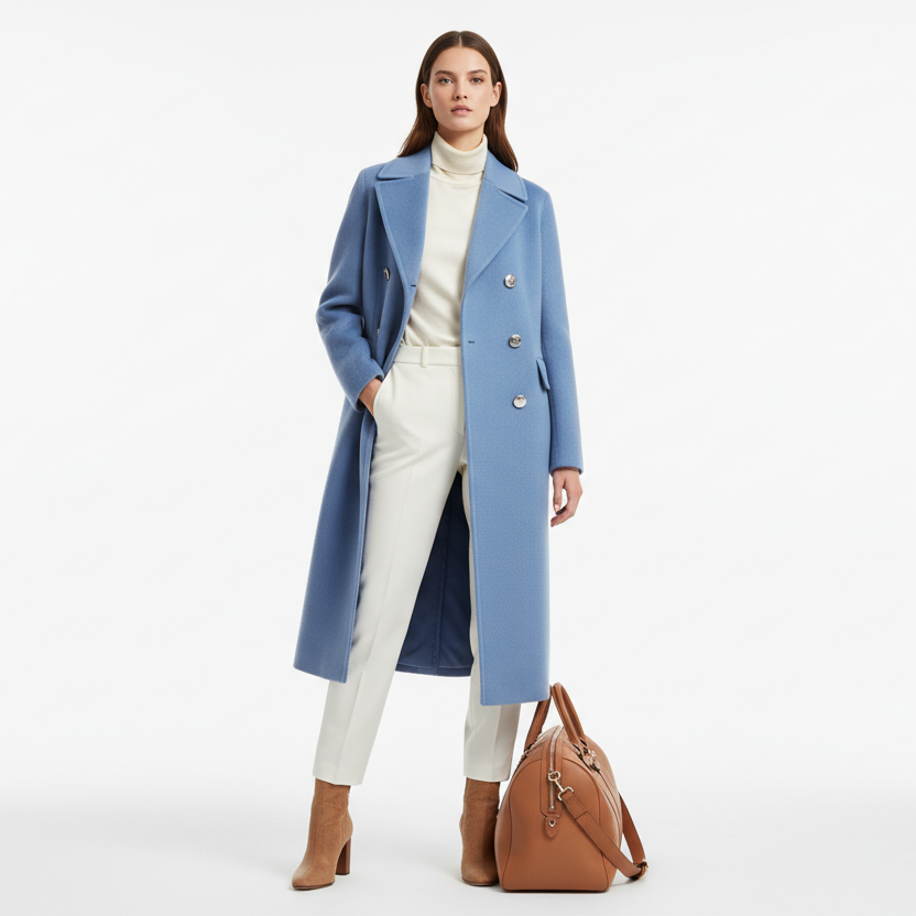 a model wearing an overcoat in light blue, looking at the camera, travel luxury style clothing, white background, perfect for product image