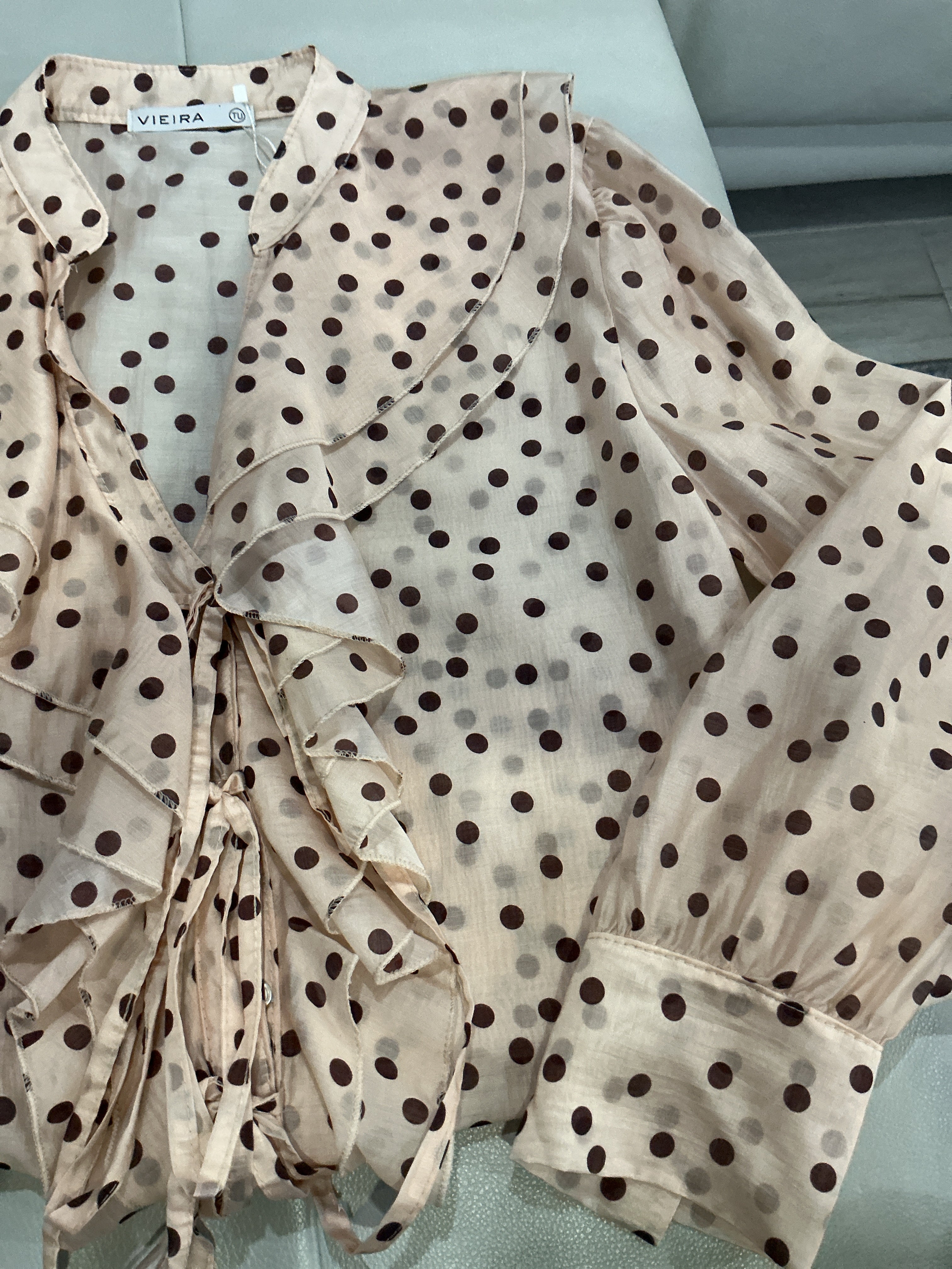 Luxury Italian collection long sleeve polka dot ruffle flattering fit soft blouse