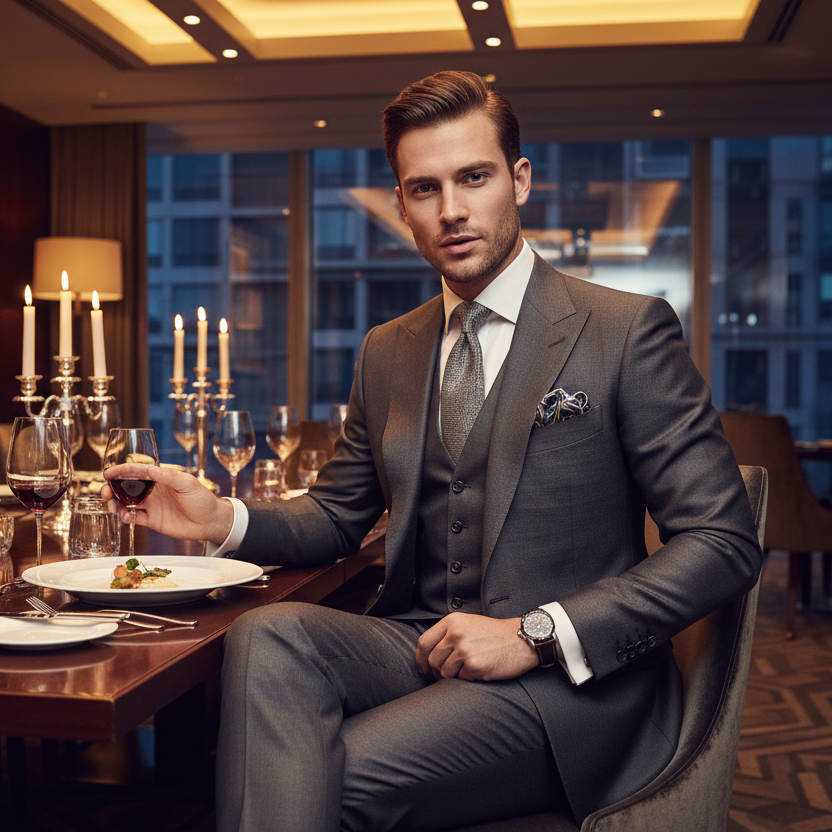 model man wearing a luxurious suit at business dinner