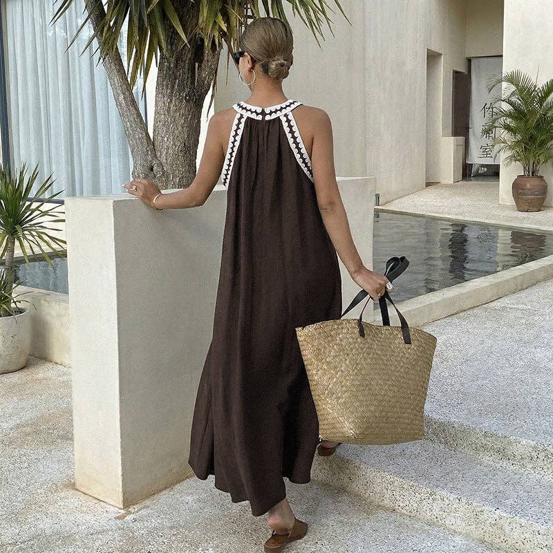 Solid Cotton Maxi Dress Halter Resort Loose Fit