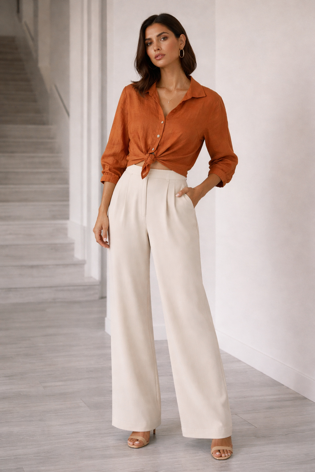 Italian collection pure  Linen Button - Down Blouse