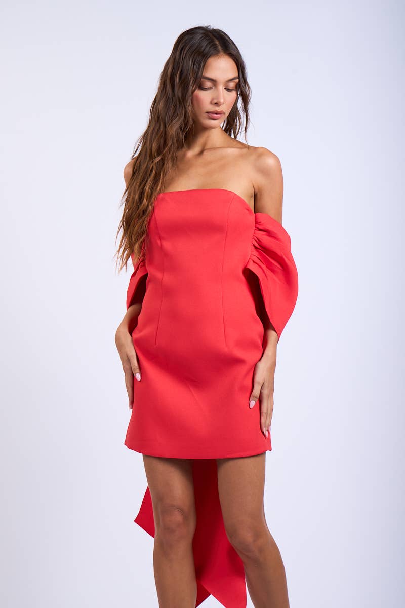 OFF-SHOULDER BACK CHARMING RIBBON POINT MINI DRESS