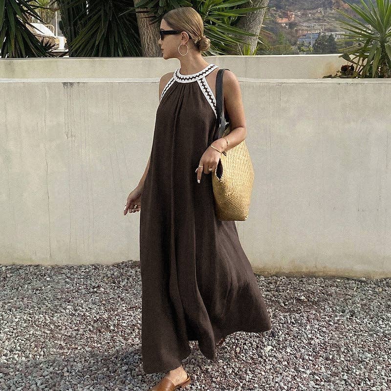 Solid Cotton Maxi Dress Halter Resort Loose Fit