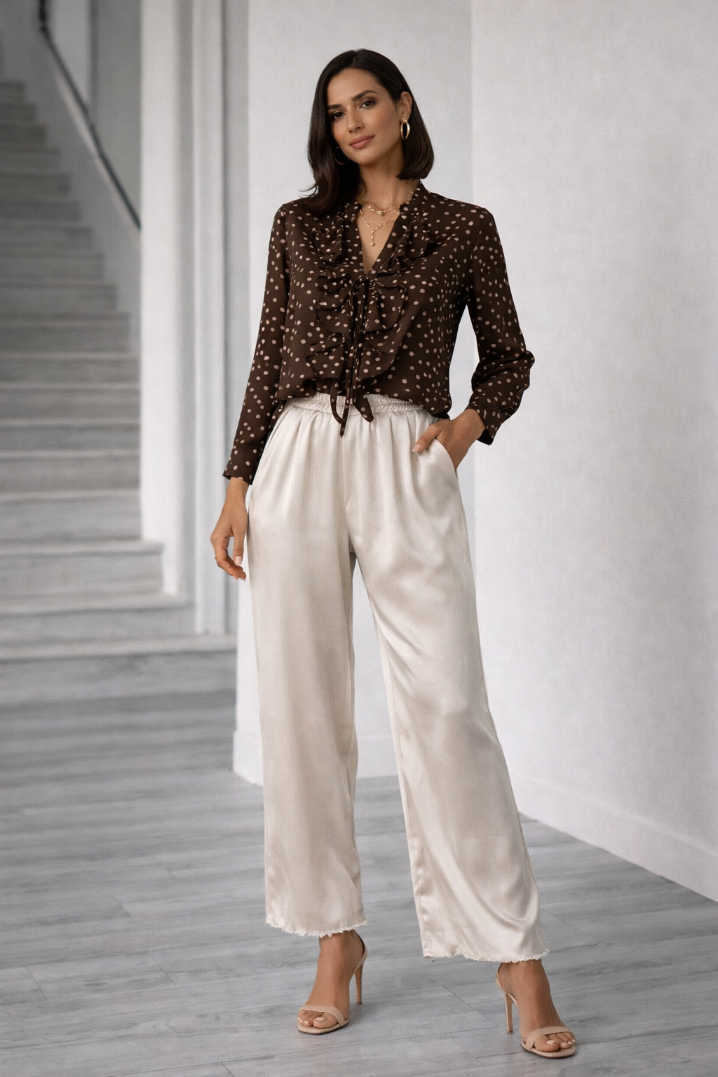 Luxury Italian collection long sleeve  polka dot ruffle flattering fit soft  blouse