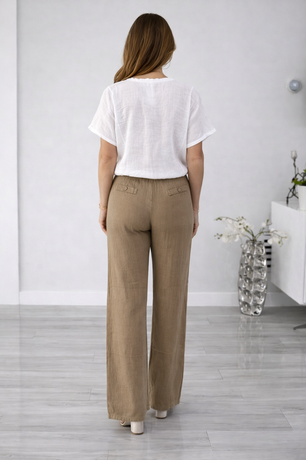 Italian design premium breathable linen short sleeve white shirt and brown pants set