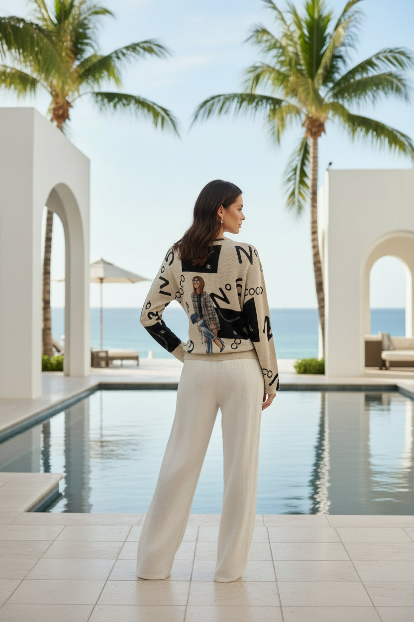 Woman in stylish outfit standing by a pool with palm trees and ocean view