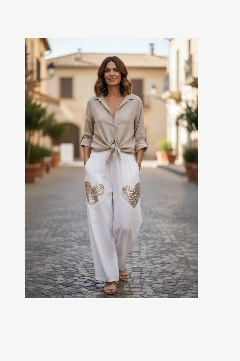 Italian design Linen  pants,  heart