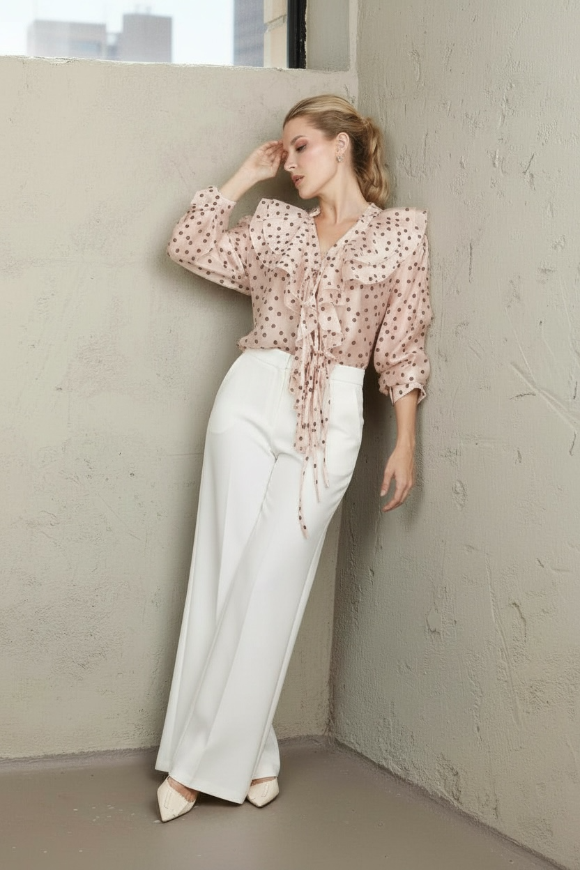 Luxury Italian collection long sleeve  polka dot ruffle flattering fit soft  blouse