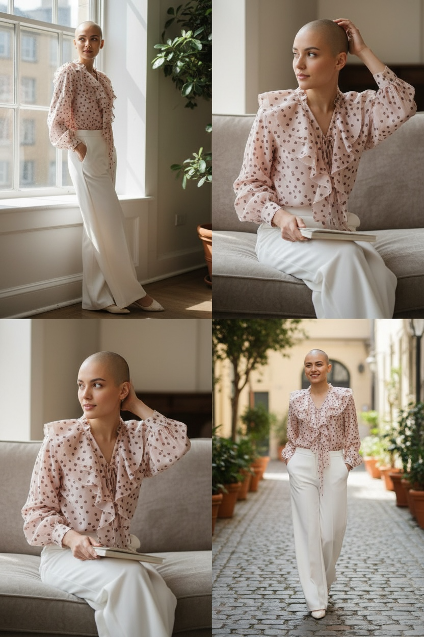 Luxury Italian collection long sleeve  polka dot ruffle flattering fit soft  blouse