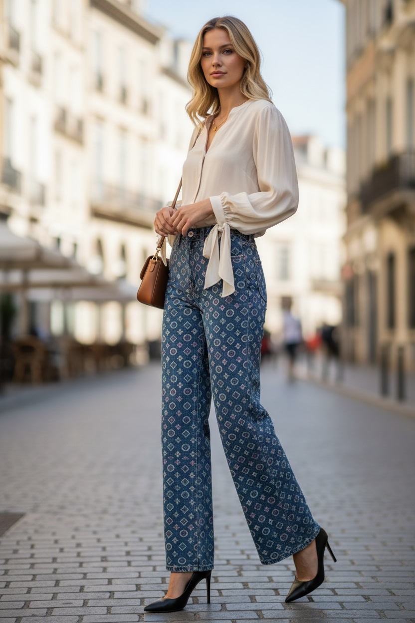 Design printed luxurious wide-leg slim waist jeans