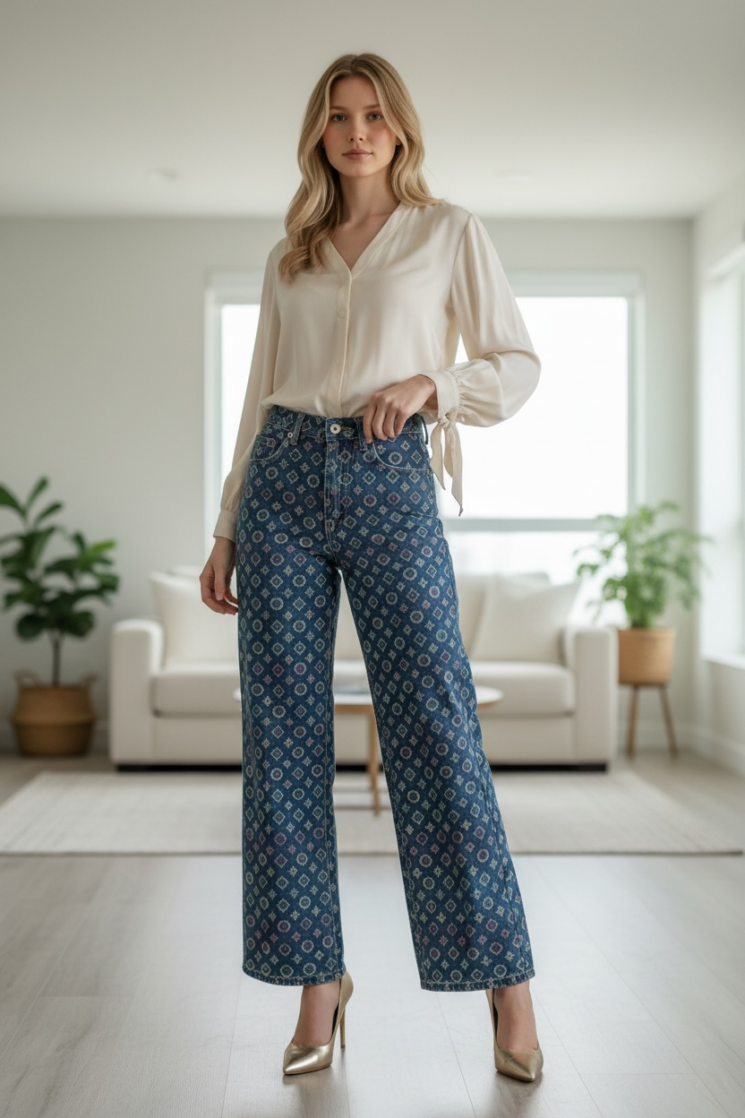 Design printed luxurious wide-leg slim waist jeans