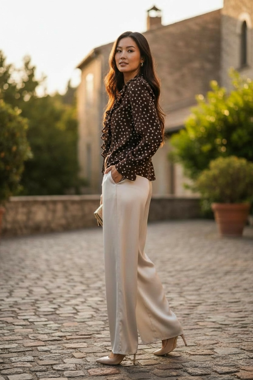 Luxury Italian collection long sleeve  polka dot ruffle flattering fit soft  blouse