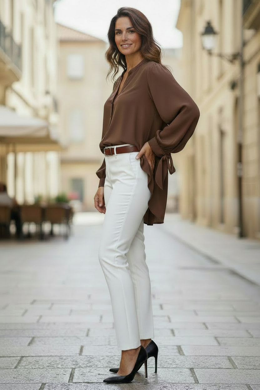Woman wearing a brown blouse and white pants on a city street.