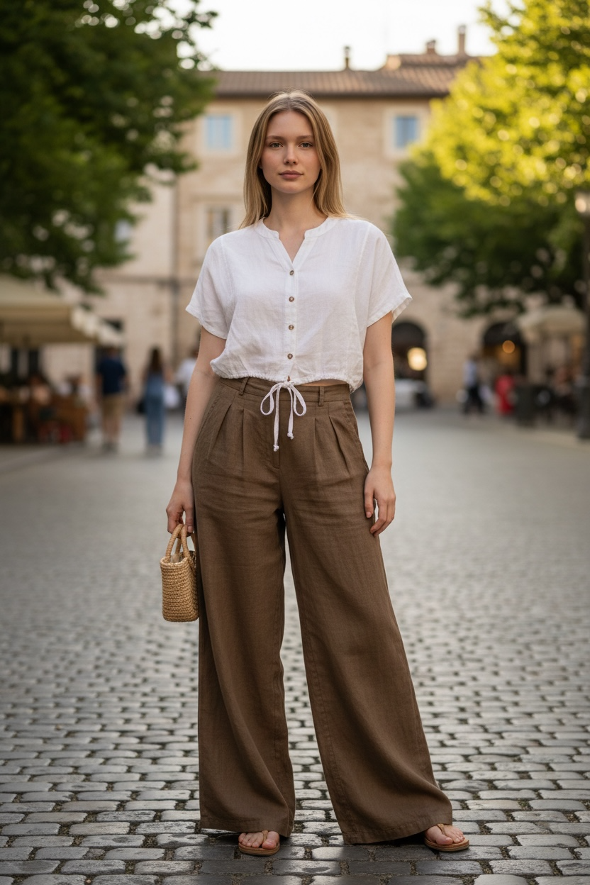 Italian design premium breathable linen short sleeve white shirt and brown pants set